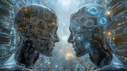 Machine deep learning, Robot Ai Brain Provides Access and Development Information with Gears, AI technology concept 