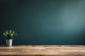 A green potted plant in a metal container is placed on a wooden table with a dark green wall background.