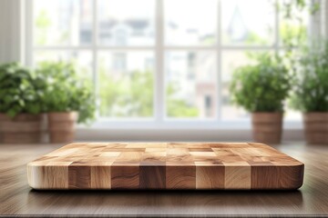 Wall Mural - wood counter top with cutting board on blur kitchen in morning window background. For product display. Generative ai