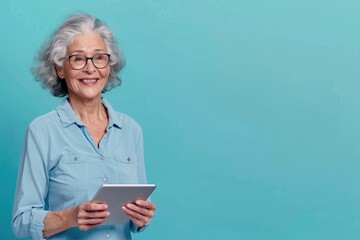 An older woman with a kind smile, holding a tablet while presenting information, set against a solid color background, reflecting her tech-savvy and approachable nature