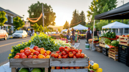 Wall Mural - A bustling farmers market at sunset, displaying a variety of fresh vegetables and fruits, showcasing local produce in a vibrant outdoor setting.