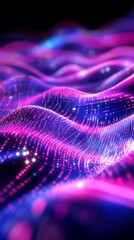 Wall Mural - Abstract digital wave pattern with vibrant neon colors, showcasing pixels and light effects, perfect for tech and design backgrounds or presentations.