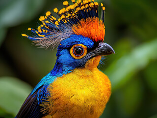 A close-up image of an exotic bird with vibrant blue, yellow, and orange feathers, and striking round eyes, set against a lush green background, highlighting its beauty.