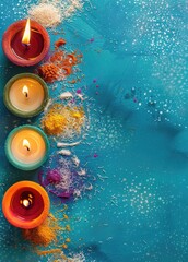 A festive display of colorful clay oil lamps, or diya, lit during the Hindu festival Diwali.