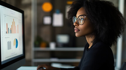 Focused Black woman analyzing data on a computer screen in a contemporary office setting.