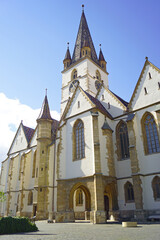 Wall Mural - View of the main facade of the Church of Saint Mary (Catedrala Evanghelică Sfânta Maria in Romanian) in Sibiu. Gothic architecture in Transylvania - Historical landmarks of Romania.