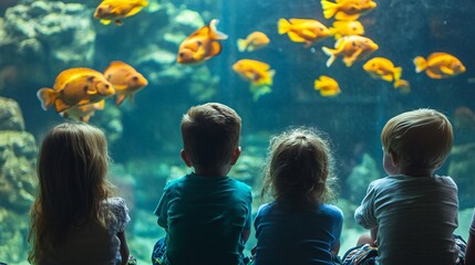 Four children watching fishes swimming in aquarium