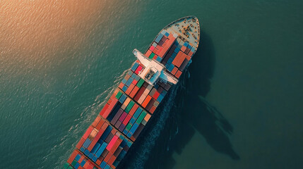 Aerial top view of a container ship involved in export and import business and logistics. Shipping cargo to the harbor via crane.