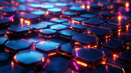 An intricate 3D background featuring layered hexagonal patterns with glowing edges and soft neon lights. The design combines dark and bright colors for an energetic and vibrant feel. 3D rendering .