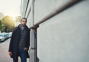 Poster - Confident, man and portrait by building in city for winter morning, travel and journey to work. University, educator and professor with pride for education, employee and commute to campus in London