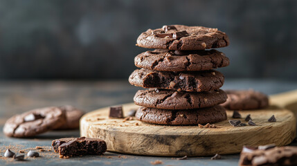 Wall Mural - Pile of vegan double chocolate cookies stacked on a wooden board, with crumbs scattered around