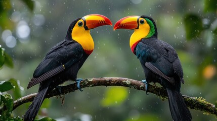 Wall Mural - Two toucans perched on a branch in a tropical rainforest during a rain shower, displaying vibrant colors