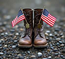 Old military combat boots with dog tags and two small American flags. Rocky gravel background with copy space. Memorial Day