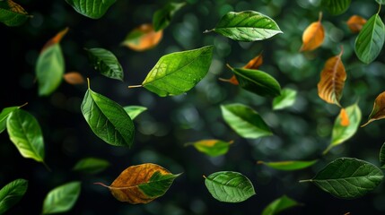 Wall Mural - Falling green and orange leaves swirling in the autumn breeze