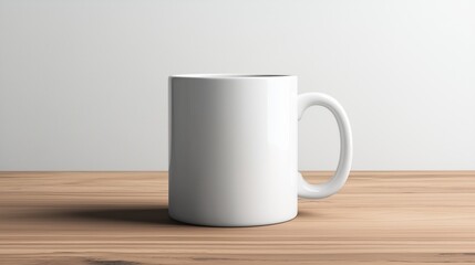 Wall Mural - Simple white coffee mug on a wooden table, showcasing its clean design in natural light