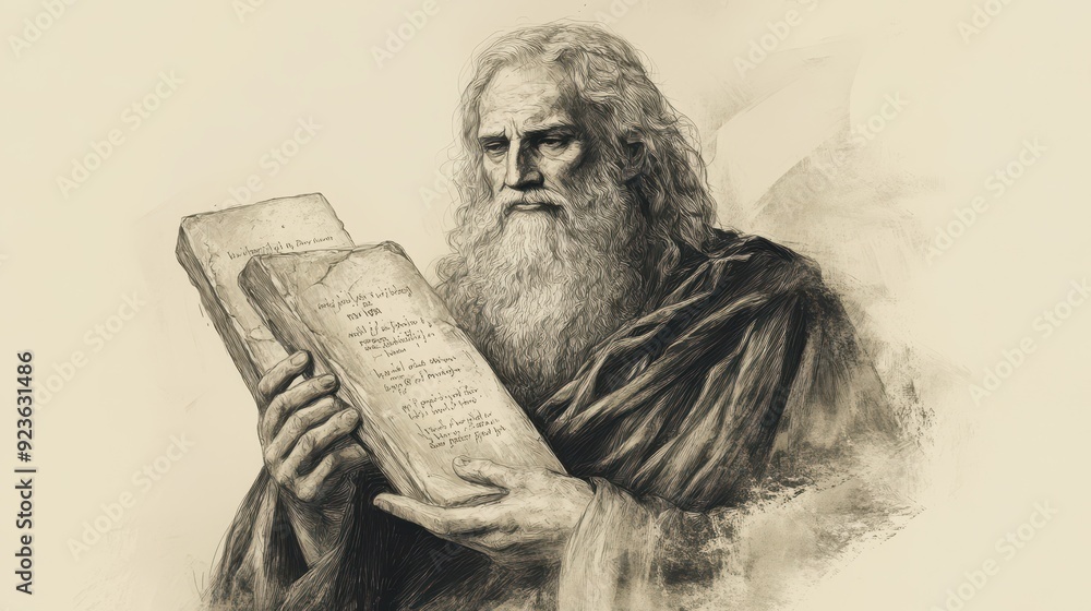 Exodus:The Ten Commandments,Face Glowing from God's Presence, Moses Holds Stone Tablets with Ten Commandments - Biblical Illustration, Bible Wall Art, Beige Background - The Ten Commandments