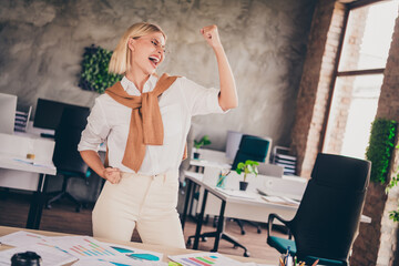 Poster - Photo portrait of lovely young lady winning raise fist celebrate dressed stylish garment modern workplace office coworking indoor