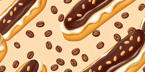 Wall Mural - Coffee eclairs with rich coffee glaze and cream filling, accented by tiny coffee beans, seamless pattern