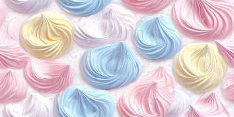 Wall Mural - Pastel meringues in shades of pink, blue, and yellow, with a delicate swirled texture and sugary sparkle, seamless pattern