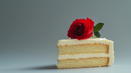 Wall Mural - Red velvet cake slice with white frosting and red rose decoration on white plate