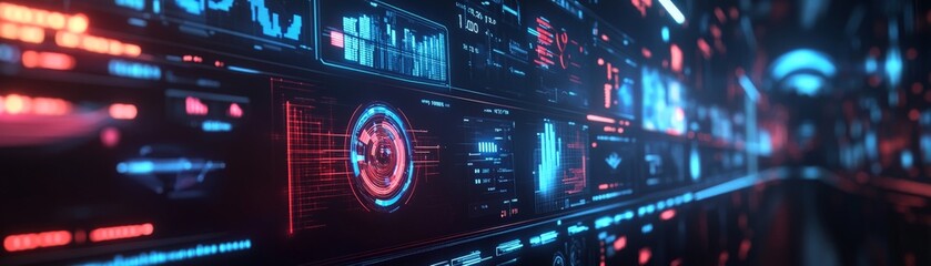 Futuristic digital interface displaying data and holograms in vibrant colors, ideal for technology or cybersecurity themed projects.