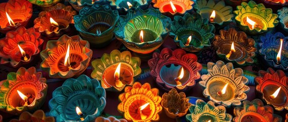 Wall Mural - A festive display of colorful clay oil lamps, or diya, lit during the Hindu festival Diwali.