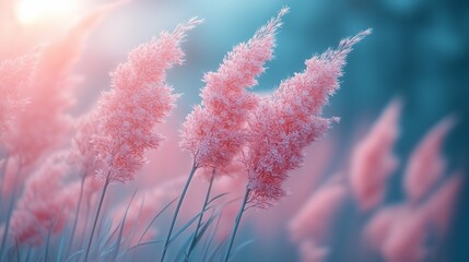 Sticker - Soft pink grasses sway gently in the breeze during sunset at a tranquil meadow