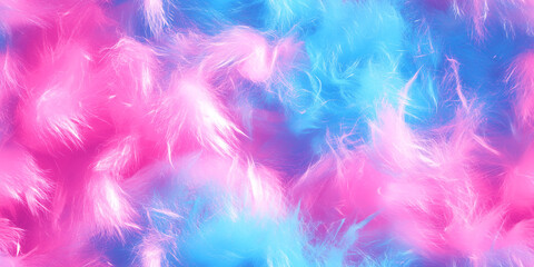 Wall Mural - Bright cotton candy in vibrant pink and blue, with a fluffy, cloud-like appearance and soft strands, seamless pattern