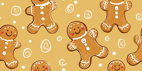 Wall Mural - Detailed gingerbread men with elaborate icing designs, including intricate swirls and patterns, seamless pattern