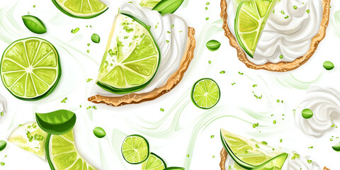 Poster - Key lime pie slices with whipped cream and lime zest, set against a white and green patterned background, seamless pattern