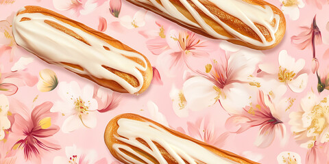 Wall Mural - Vanilla eclairs with white chocolate drizzle and edible gold leaf, surrounded by delicate pink flowers, seamless pattern