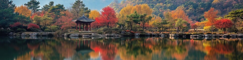 Wall Mural - A beautiful autumn scene with a pond and a small hut. The water is calm and the trees are full of leaves