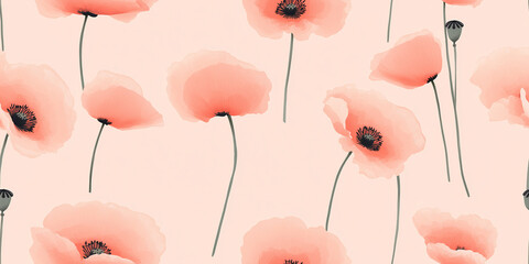 Wall Mural - Softly drawn poppies in a minimalistic style on a pale pink background, seamless pattern