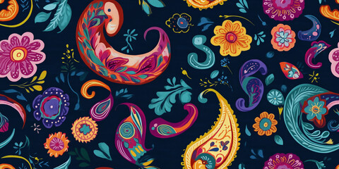 Wall Mural - Vibrant multicolored paisley shapes with intricate details on a deep navy background, evoking a luxurious vibe, seamless pattern