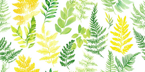 Wall Mural - Vibrant watercolor-like ferns and leaves in various shades of green and yellow on a white background, seamless pattern