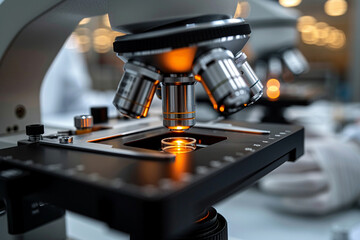 Laboratory technician carefully studies microscopic bacteria using optical equipment