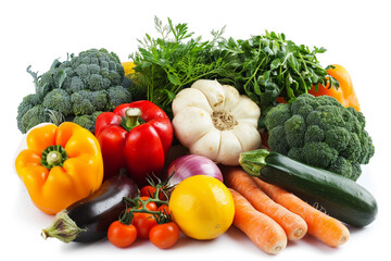 Variety of fresh vegetables displayed on white isolated background