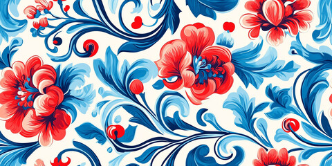 Traditional Scandinavian rosemaling in bright reds and blues, with intricate swirls and floral elements, seamless pattern