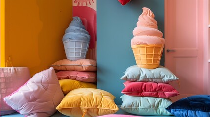 Canvas Print - Ice Cream Cone Decor with Colorful Pillows.