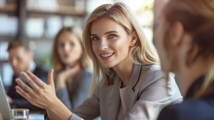 A confident woman engages her colleagues while sharing insights in a well-lit corporate setting