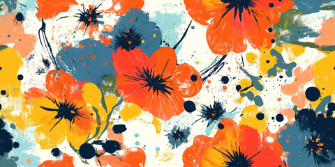 Poster - Bold splotches of color resembling flowers, surrounded by chaotic lines and dots, seamless pattern