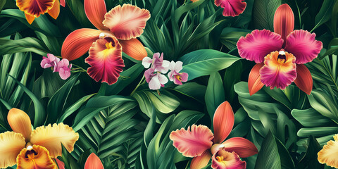 Wall Mural - Colorful orchids with long, graceful petals, set against a backdrop of tropical jungle greenery, seamless pattern