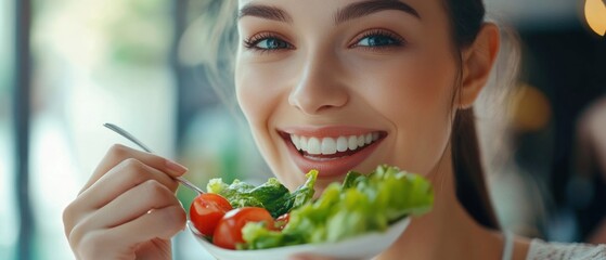 Close-up of a woman eating a salad with a fork.