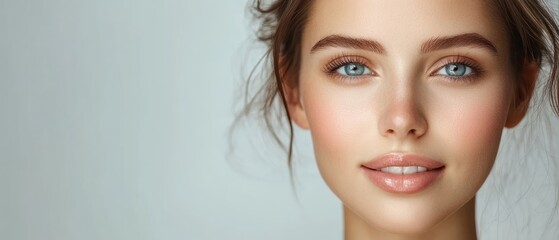 Wall Mural - Close-up Portrait of a Woman with Blue Eyes and a Soft Smile