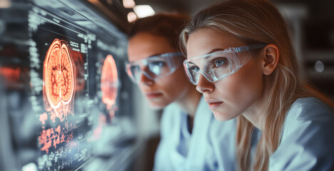 Poster - Two researchers focus intently on digital brain scans in a modern laboratory, wearing protective eyewear and lab coats.