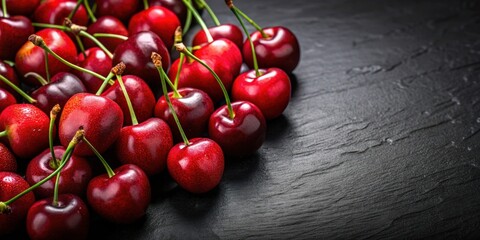 Wall Mural - Cherries arranged on a black background, cherry, fruit, black, background, vibrant, fresh, contrast, juicy, red, sweet, healthy