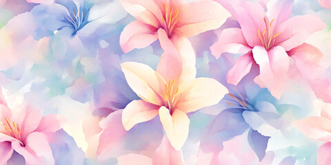 Wall Mural - Serene lilies in pastel watercolors with delicate transitions and a calming effect, seamless pattern