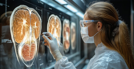 Poster - A medical professional examines brain scans closely, wearing protective gear in a modern laboratory environment.