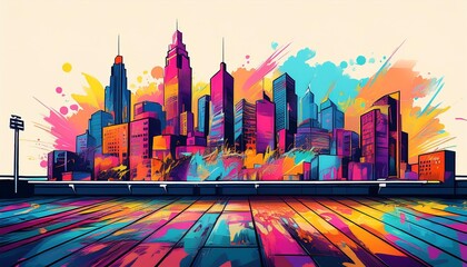 Graffiti city skyline illustration art on a rooftop background with modern style