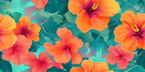 Tropical hibiscus with warm breezes in coral, orange, and turquoise, seamless pattern